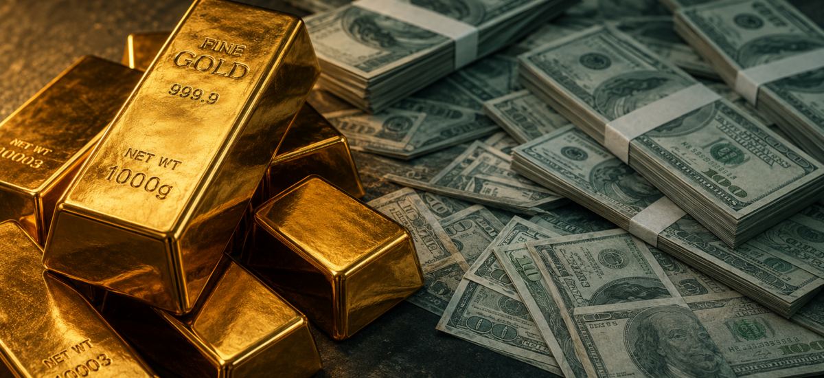 Gold bars and coins beside fading paper banknotes — hard money versus fiat money