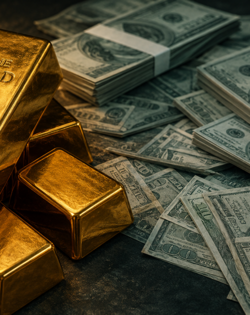 Gold bars and coins beside fading paper banknotes — hard money versus fiat money